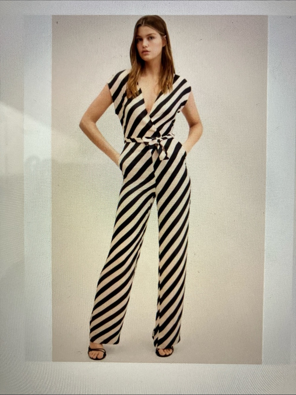 Mango black cream belted wide leg jumpsuit NWT